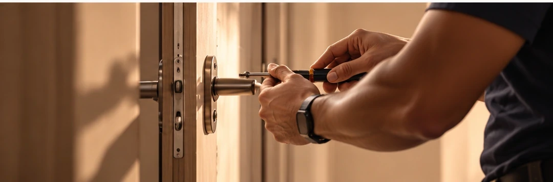 Professional maintaining a door